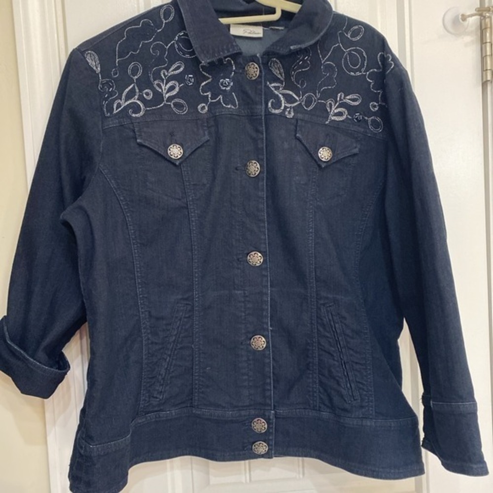 Chicos Platinum Stretchjacket womens 3 black denim button Silver Embroidery 3793 - Picture 2 of 10